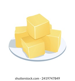 Pieces of butter, margarine, spreads and dairy products on a plate stacked in a pyramid. Flat vector illustration.