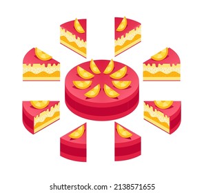 Pieces of cake. Citrus Pie infographics set. The whole cake and its parts. Isometric view.