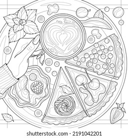 Pieces of cake and coffee in hand.Coloring book antistress for children and adults. Illustration isolated on white background.Zen-tangle style. Hand draw