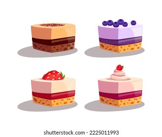 Pieces of cake set. Vector illustrations of slices of sugar desserts. Cartoon portions of biscuit with layers of cream and berry decoration isolated on white. Bakery menu, food for holiday concept