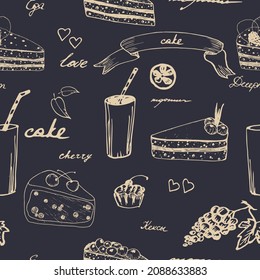 Pieces of cakes and drinks, sketch drawing on a chocolate background. Vector seamless pattern.