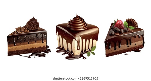 Pieces of cakes on a transparent background for menu design or advertising poster. Vector illustration.	