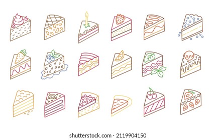 Pieces of cakes set. Isometric view. Editable stroke size. Line vector icon.