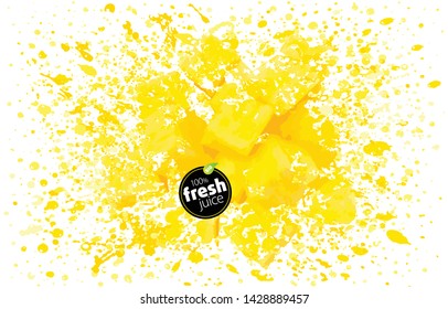 Pieces Canned Of Pineapple With A Splash Of Delicious Juice. Burst Of Ripe Summer Tropical Juicy Fruit. Creative Layout Made Of Sliced Fresh Ananas. White Background, EPS Illustration