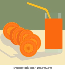 Pieces of carrot. Carrot juice. Isolated Vector Illustration.