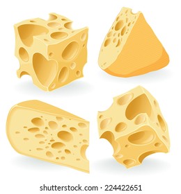 Pieces of chees and chees cubes on white. Vector. 
