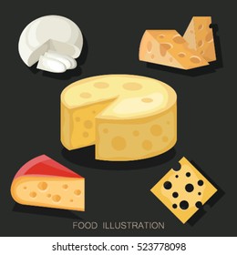 Pieces of cheese collection on the blackboard. Different cheese types in flat style realistic vector illustration.