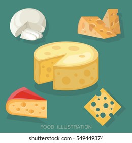 Pieces of cheese collection on green background. Different cheese types in flat style realistic vector illustration.