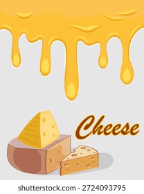 Trozos de queso y queso gotea sobre un fondo claro. Ilustración vectorial con trozos de queso y goteo de queso wonton sobre fondo blanco con texto.
