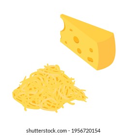 Pieces of cheese and grated cheese isolated on white background. Isometric view. Vector