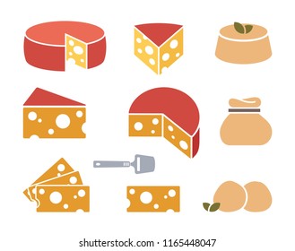 Pieces of cheese icons on white background. Different cheese types in flat style. Vector illustration.