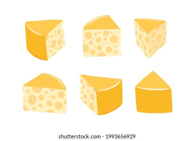 Pieces of cheese infographics. Cut whole cheese and its slice parts split up. Isometric view. Vector illustration set. Hand drawn.