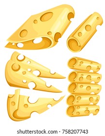 Pieces of Cheese isolated on white. Popular kind of cheese icons isolated. Cheese types. Modern flat style realistic vector illustration on white background Web site page and mobile app design.