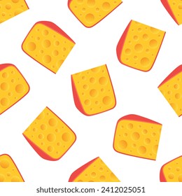 Pieces of cheese with large holes and a red crust. Vector seamless pattern. Best for textile, print, wrapping paper, package and your design.
