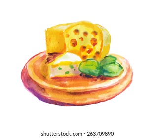 Pieces of cheese on dish. Isolated