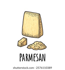 Pieces of cheese parmesan. Vector color vintage engraving illustration isolated on white background.
