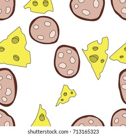 pieces of cheese and sausage, seamless pattern, vector image, flat design