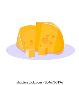 Pieces of cheese with small yellow cheese cubes. Isolated image of a composition of cheese on a white background.