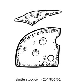 Pieces of cheese. Vector black vintage engraving illustration isolated on white