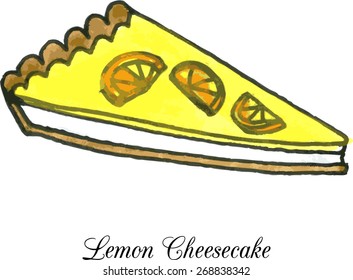 pieces of cheesecake with lemon slices drawing by watercolor, vector illustration