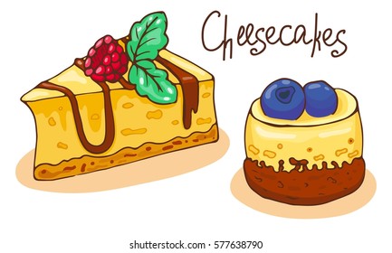Pieces of cheesecakes. Doodle hand drawn vector illustration 