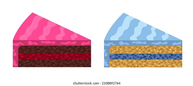 Pieces of cherry and blueberry cake. Bakery, sweet cake, dessert. Vector illustration