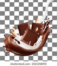 pieces chocolate and Almond nut. Milk Splashing  chocolate Mesh gradient wes used,Splash 