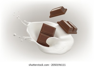 Pieces of chocolate bar fall into milk. 3d vector illustration