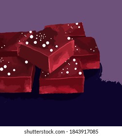 pieces of chocolate brownie on purple background