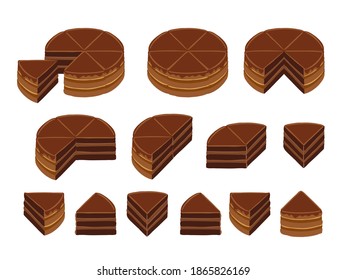 Pieces of chocolate cake. Infographic diagram set. The whole cake and its parts. Pie to separate. Isometric view vector illustration.