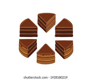 Pieces of chocolate cake. Infographic diagram set. Slice split up. Pie to separate. Isometric view vector hand drawn illustration.