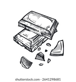 Pieces of chocolate, crumbs from a chocolate bar, hand-drawn in vector in gray. Vector illustration of sweets. Suitable for printing on product packaging, designing a menu in a pastry shop.