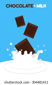 Pieces of chocolate fall in milk. Splash of milk on a blue background. Vector illustration.