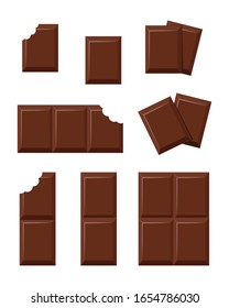 Pieces of chocolate, full and bitten. Milk chocolate bites set. Organic cocoa product vector illustration