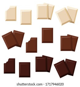 Pieces of chocolate, full and bitten. Milk, dark and white chocolate bites set. Organic cocoa product vector illustration