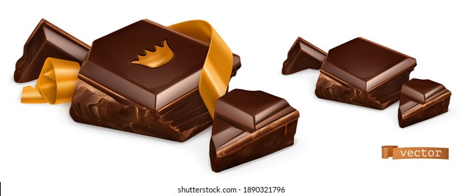 Pieces of chocolate with gold. 3d vector realistic objects
