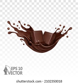 Pieces of Chocolate isolated on white background, pieces with splash, dark syrup