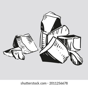 Pieces of chocolate with lines. Vector hand drawn isolated illustration. Graphics, doodling.