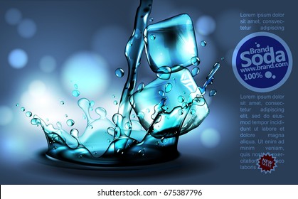 Pieces of clear ice in a splash of liquid, high detailed realistic illustration