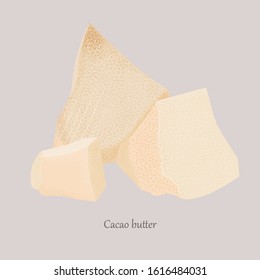 Pieces of cocoa butter on a gray logo background. Organic product for chocolate, cosmetics, medicine.