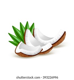 Pieces of coconut with leaves isolated on white background. Realistic vector illustration.