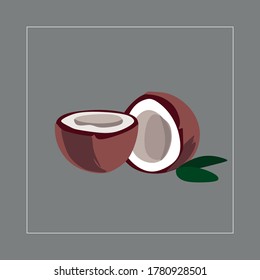 Trozos de coco, un conjunto de mitades cortadas de coco blanco .Ilustración vectorial de un coco de fruta sobre un fondo gris