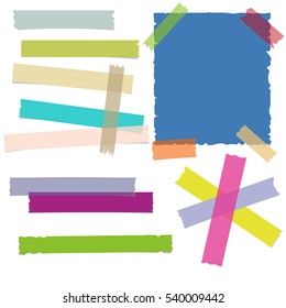 Pieces of colorful sticky tape in different shapes and reminder note on white background