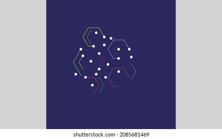 Piezas de contornos de hexágonos sobre fondo azul. Dibujo tecnológico de estilo mínimo 