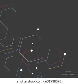 Pieces contours of hexagons on dark background. Technological drawing in minimal style.