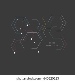 Pieces contours of hexagons on dark background. Technological drawing in minimal style.