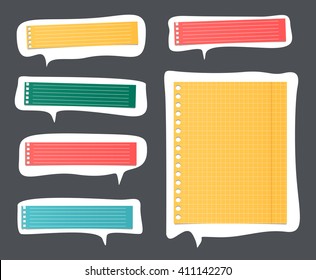 Pieces of cut colorful lined notebook paper on white speech bubbles
