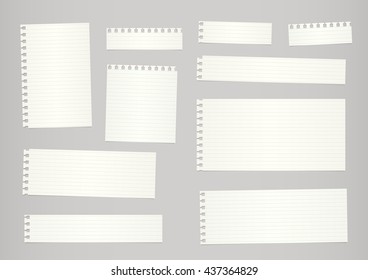 Pieces of cut out beige ruled notebook paper are stuck on gray background