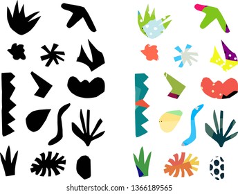 Pieces of cut paper of different shapes in two versions (black and color) is perfect for self-compilation of creative modern collage. Vector editable illustration