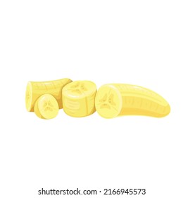 Pieces of cut peeled banana yellow color vector illustration. Chopped banana to cook fruit salad dessert in cartoon style, isolated